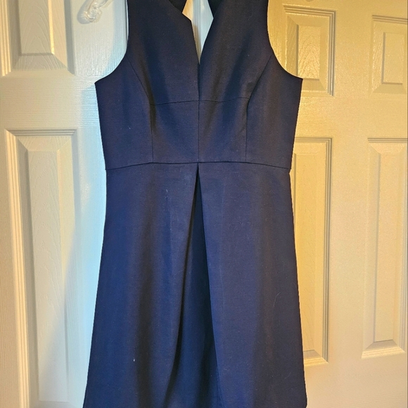 Halston Heritage Navy Split Neck Fit Flare Dress - Picture 4 of 12
